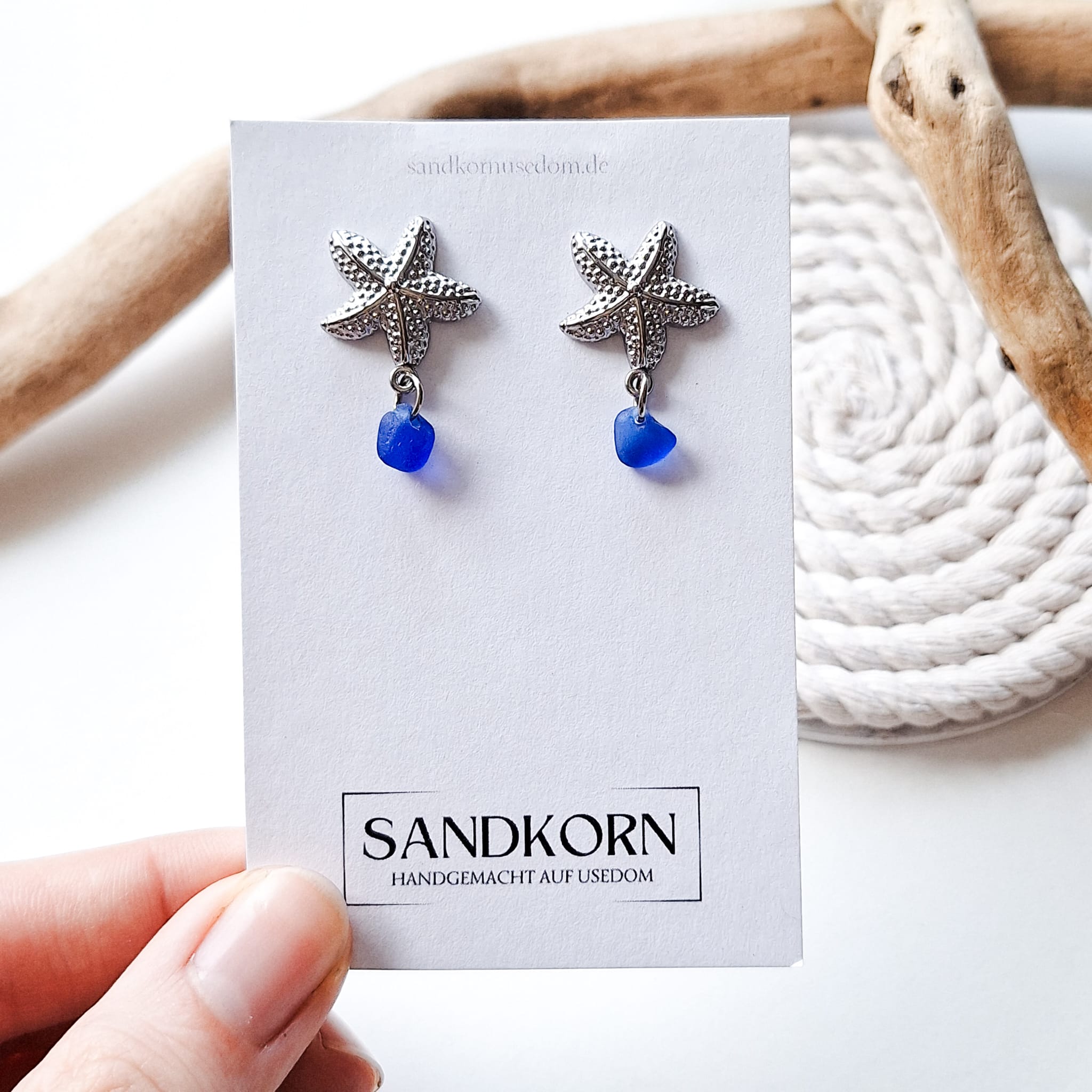 Stud earrings with sea glass and starfish - Aqua