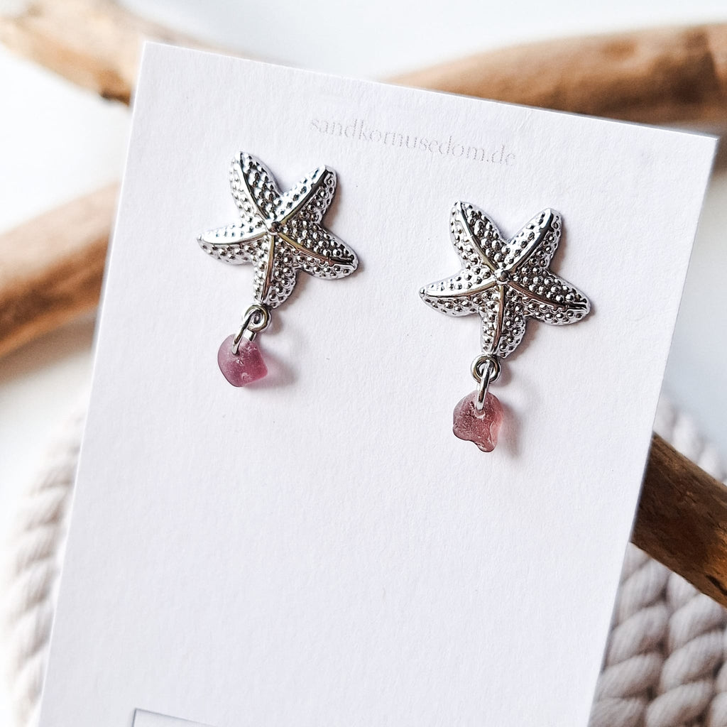 Stud earrings with sea glass and starfish - Aqua
