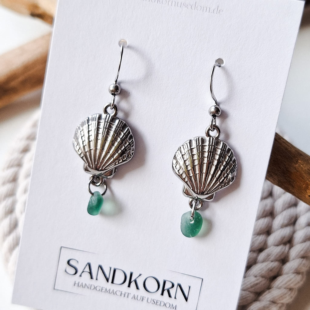 Earrings with shells and sea glass - Teal