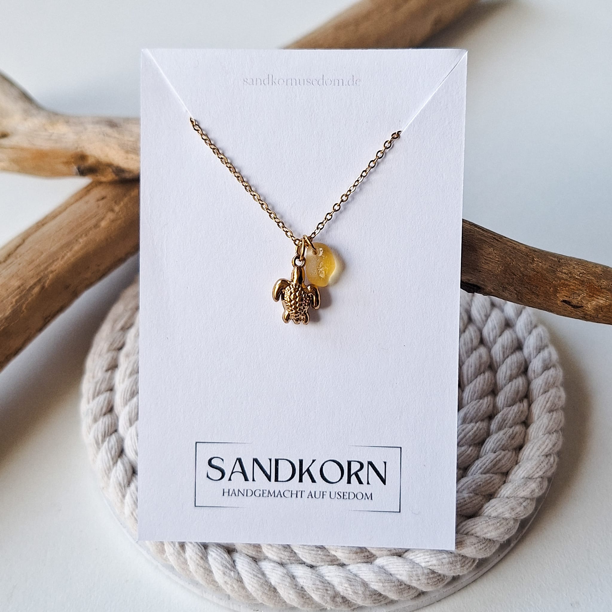 Halskette mit Schildkröte und Seeglas - Gelb